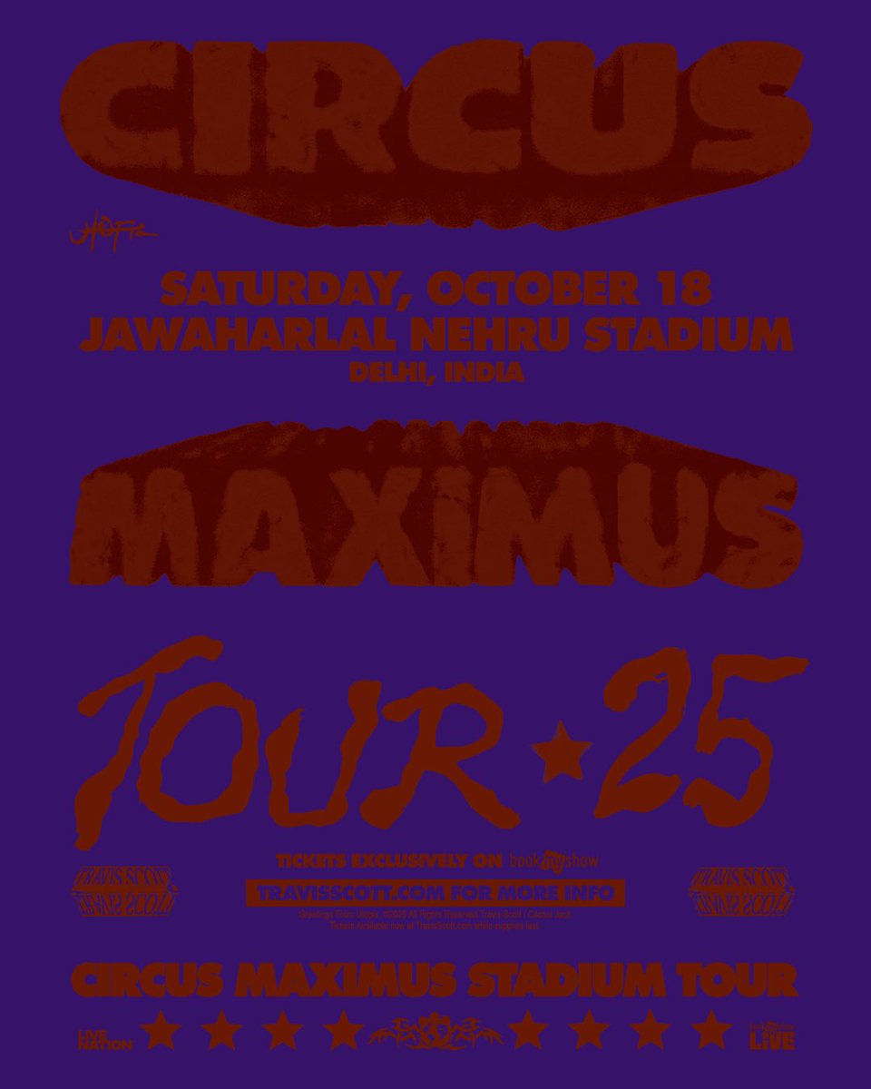 Bookmyshow_live's tweet photo. TRAVIS SCOTT. CIRCUS MAXIMUS STADIUM TOUR. INDIA. 🚀🔥 We waited for this one. We prayed for this one. Now it’s time to lose our minds. Let’s rage like never before! 🎪🔥 #CircusMaximus https://t.co/hXFV5vu9FT