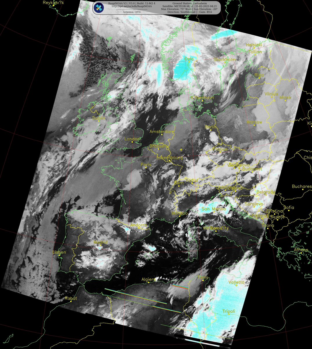 Ground Station: Dietesheim
Satellite: METEOR-M2 4 | 25-03-2025 04:21
Max Elevation: 75° West | Sun Elevation: -20°
Direction: Southbound | | Gain: 49.6