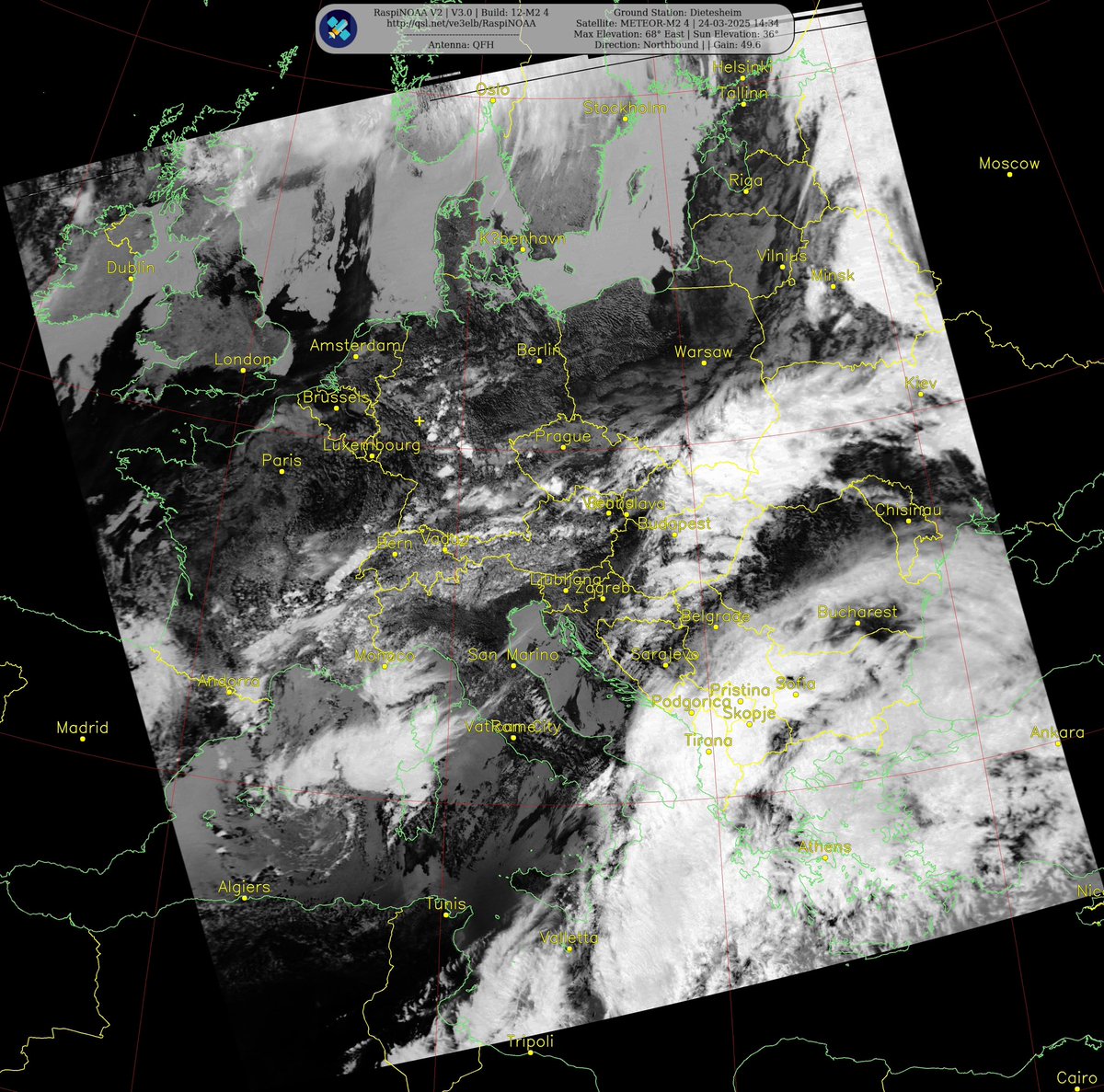 Ground Station: Dietesheim
Satellite: METEOR-M2 4 | 24-03-2025 14:33
Max Elevation: 68° East | Sun Elevation: 36°
Direction: Northbound | | Gain: 49.6