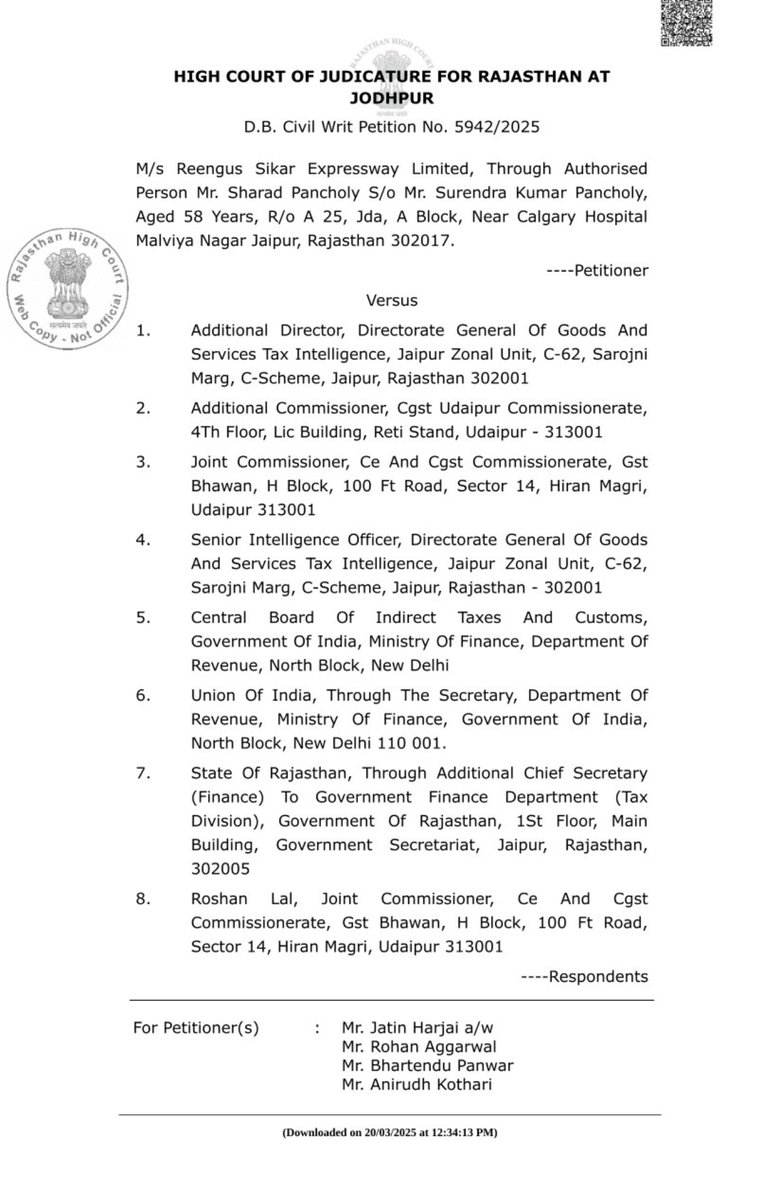 Jatin_Harjai's tweet photo. Challenged validity of Circular No. 150/2021 and consequential proceedings before Hon’ble Rajasthan High Court.
HC prima facie convince with case and issued notices, along with stay on recovery.
#GST #Infra #Annuity #RajHC https://t.co/srWh4JhNUE