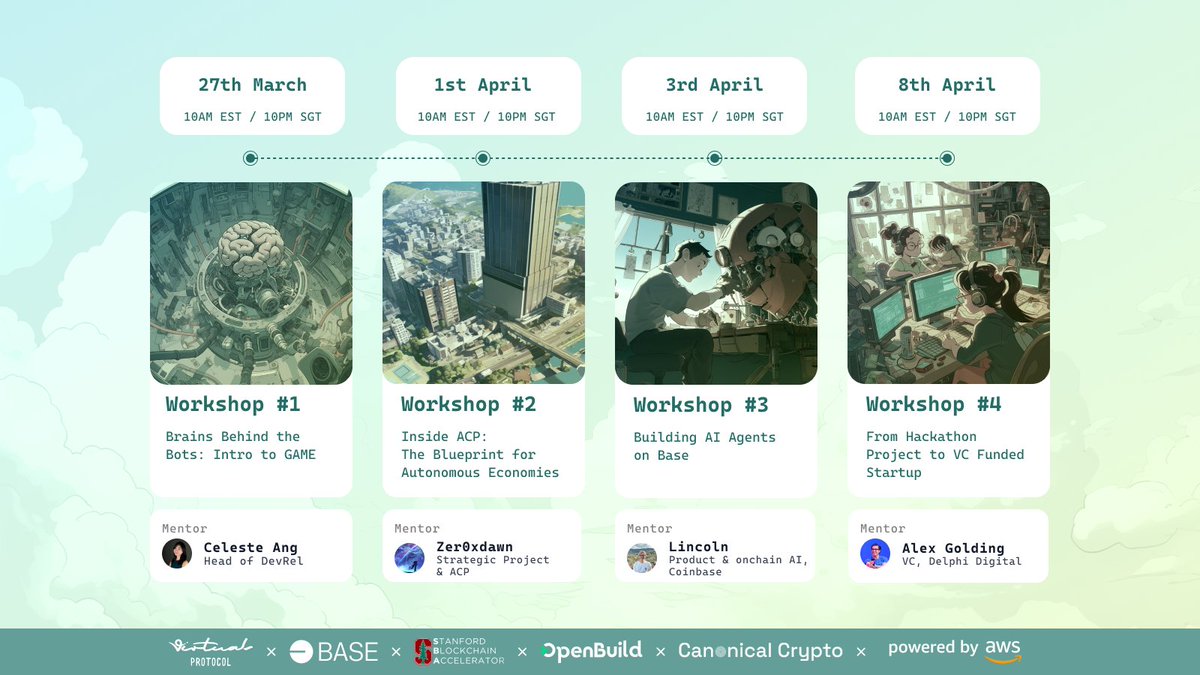 From building smarter agents with G.A.M.E., to deploying on Base, breaking down ACP, and raising your first round—these workshops are designed to take your hackathon project from 0 to launch-ready. 

Here are the official Virtuals Hackathon Workshop dates and details, starting in