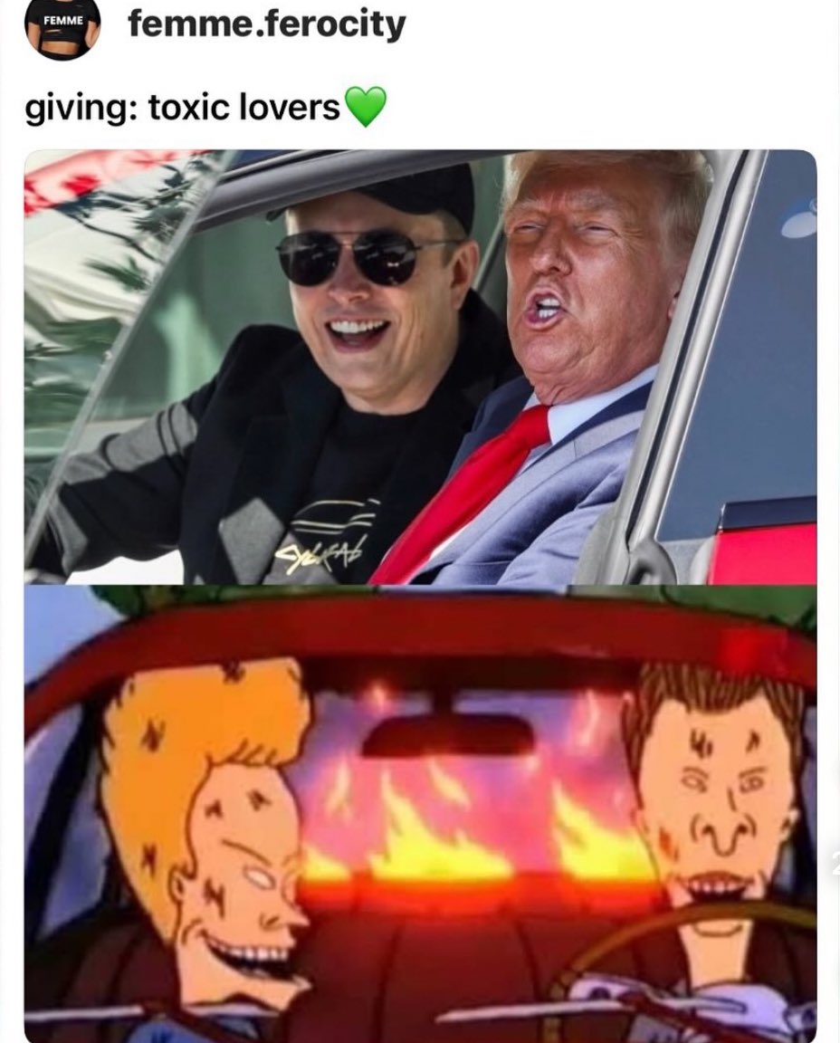 I keep seeing memes like this comparing <a href="/elonmusk/">Elon Musk</a> and <a href="/realDonaldTrump/">Donald J. Trump</a> to Beavis &amp; Butthead. I’m appalled anyone would compare these 2 to immature, vile, disgusting characters. They just want to bring joy to us, and throwing this hate at Beavis &amp; Butthead is so uncalled for!! 🤣