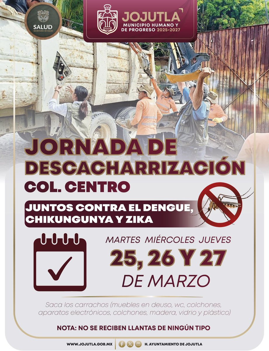 VOMNoticias's tweet photo. JORNADA DE DESCACHARRIZACIÓN EN JOJUTLA CENTRO 

Atención, la Jurisdicción Sanitaria número 2 en coordinación con el municipio de Jojutla llevará a cabo la jornada de descacharrización en la colonia centro de Jojutla los días 25, 26 y 27 de marzo, de 09:00 a 14:00 horas. 

Saca los carrachos (muebles en deuso, wc, colchones, aparatos electrónicos, colchones, madera, vidrio y plástico). 

Recuerda, es importante que retires de tu vivienda todo aquel recipiente en desuso para evitar la presencia de criaderos potenciales del dengue, chikungunya o zika.

¡Jojutla, todos contra el dengue!
