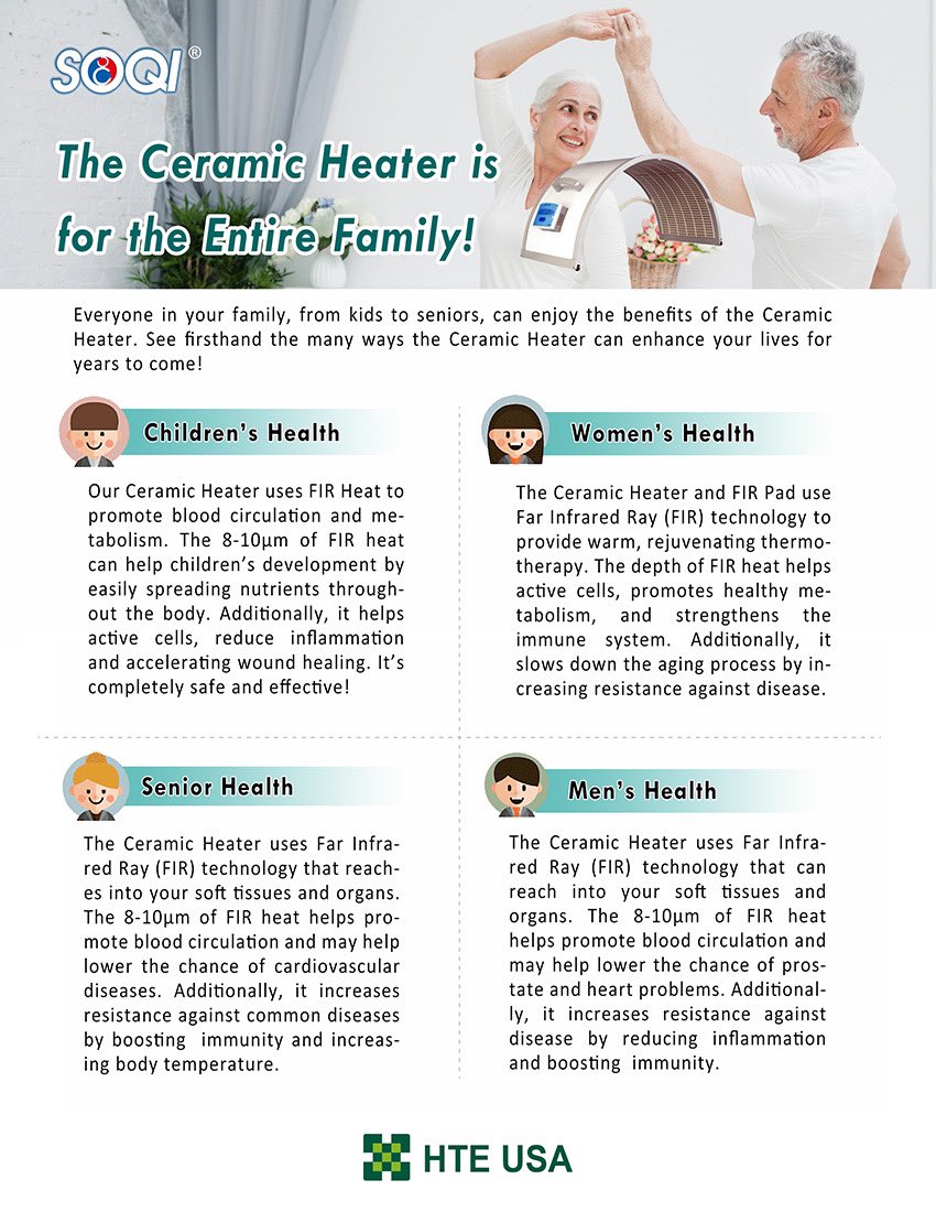 HTEUSA's tweet photo. The Ceramic Heater is for the Entire Family!
Everyone in your family, from kids to seniors, can enjoy the benefits of the Ceramic Heater. See firsthand the many ways the Ceramic Heater can enhance your lives for years to come! https://t.co/0MUNlTTDZQ