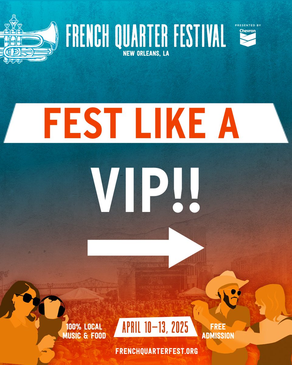 FQFestNOLA's tweet image. Enjoy the Fest Family VIP Experience while supporting the nonprofit organization that produces French Quarter Fest! Get your passes now at l8r.it/1Meu.
#FestLikeAVIP #FrenchQuarterFest #SupportNOLACulture
