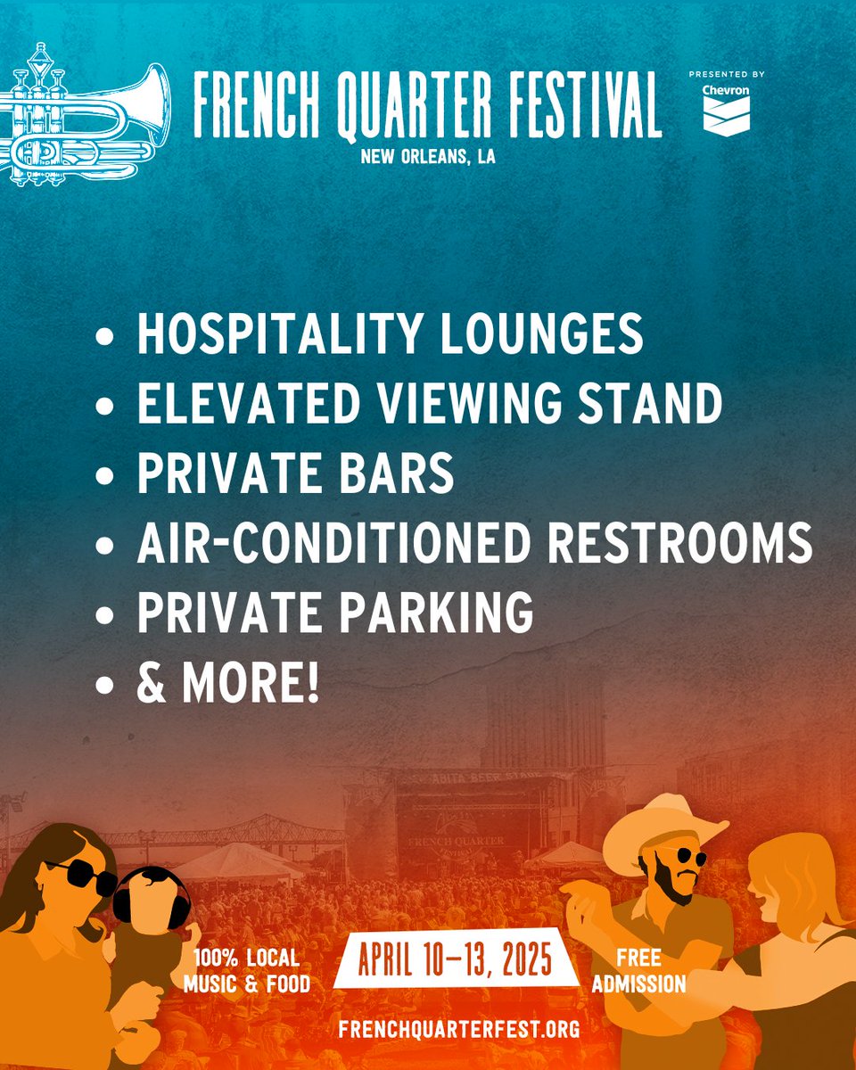 FQFestNOLA's tweet image. Enjoy the Fest Family VIP Experience while supporting the nonprofit organization that produces French Quarter Fest! Get your passes now at l8r.it/1Meu.
#FestLikeAVIP #FrenchQuarterFest #SupportNOLACulture