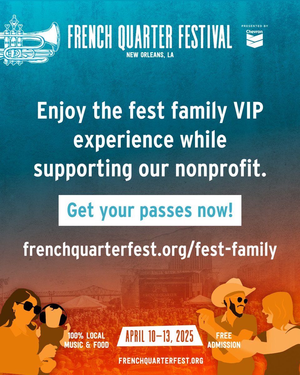 FQFestNOLA's tweet image. Enjoy the Fest Family VIP Experience while supporting the nonprofit organization that produces French Quarter Fest! Get your passes now at l8r.it/1Meu.
#FestLikeAVIP #FrenchQuarterFest #SupportNOLACulture