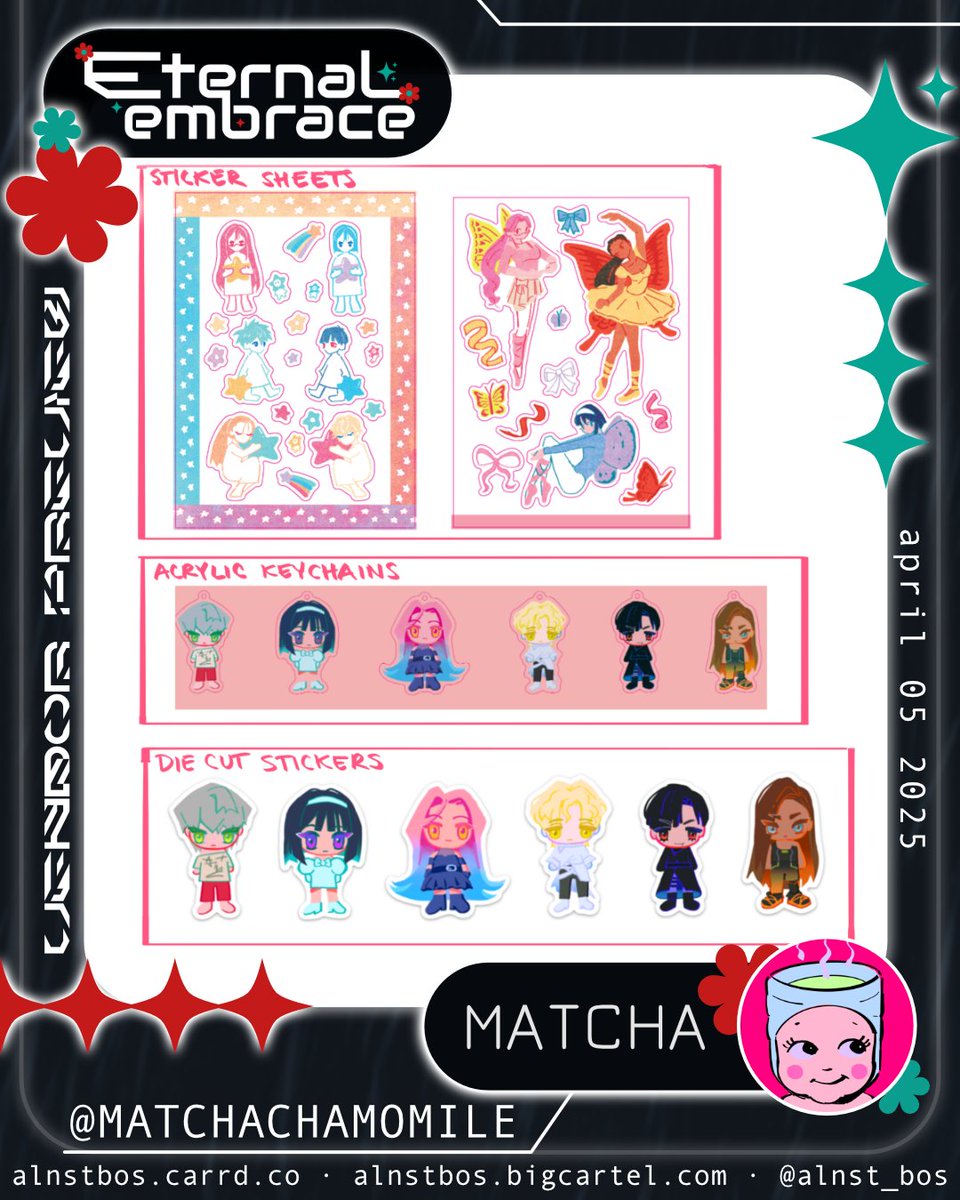 alnst_bos's tweet photo. ✦︎ Vendor Spotlight✦︎

@matchachamomile's art is so precious! You can find these lovely keychains and stickers at her table at our event~

Please make sure to check out her profile and support her💌 https://t.co/Mx28YaM5yc