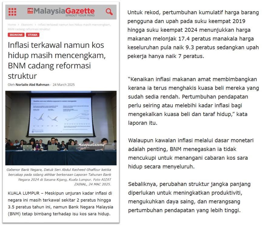 NaratifRakyat's tweet image. Akhirnya, Bank Negara Malaysia (BNM) secara rasmi mengesahkan dua perkara yang saya dah ulang-ulang dalam banyak posting sejak 2–3 tahun lepas:

1. Kadar inflasi rasmi tidak cerminkan realiti sebenar kos sara hidup rakyat.

Contohnya, inflasi konon dilapor sekitar 1.5% hingga…