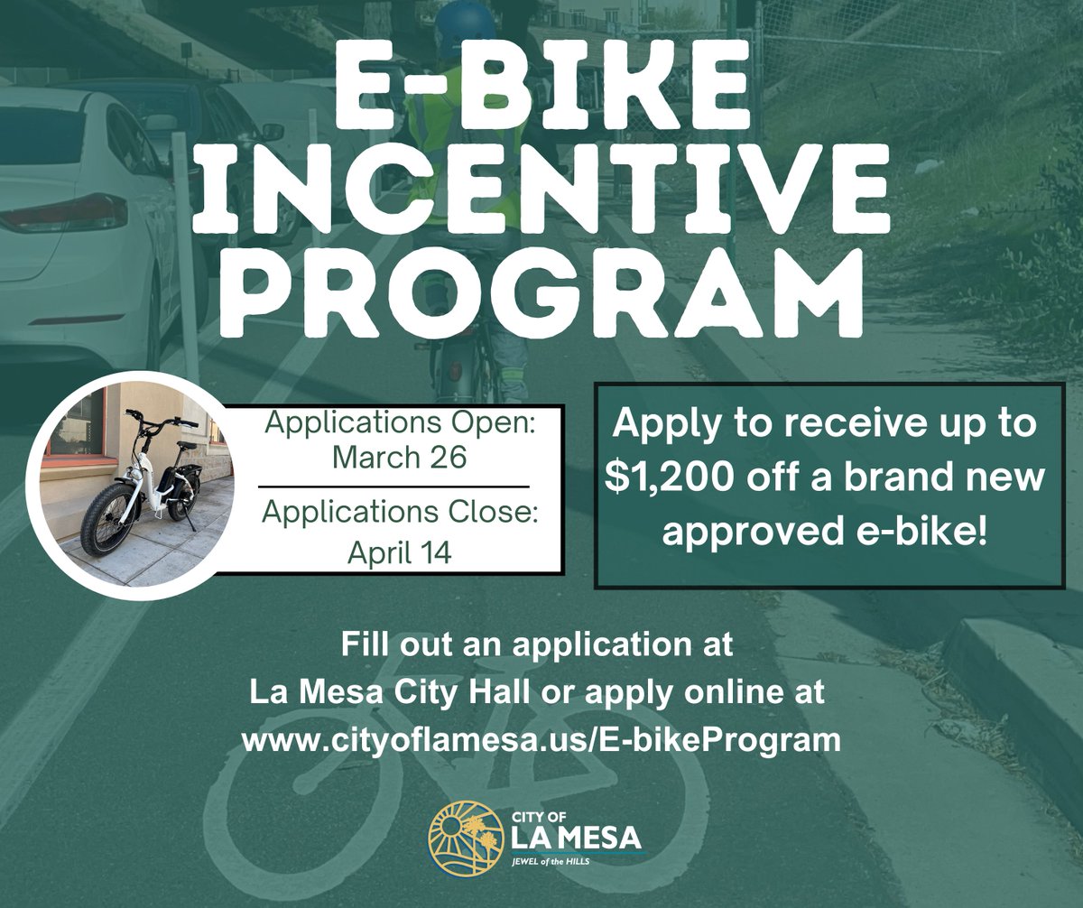 Dreaming of an e-bike? Now’s your chance! 🚲
We’re launching a pilot E-Bike Incentive Program to make biking a go-to transportation option in La Mesa. Eligible applicants can get up to $1,200 in vouchers toward an e-bike! Visit our website for details: bit.ly/4c3v1gj.