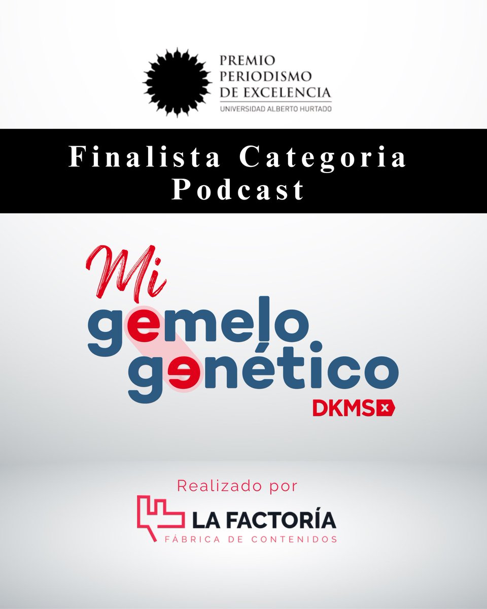 ¡Somos finalistas! 🎉

🏆 La <a href="/uahurtado/">Universidad Alberto Hurtado</a> dio a conocer los trabajos finalistas del Premio Periodismo de Excelencia 2024 y el podcast "Mi gemelo genético" de <a href="/DKMS_cl/">DKMS Chile</a>, realizado por factoriacontenidos.cl (@relatonacional), es uno de los 4 finalistas en esa categoría.