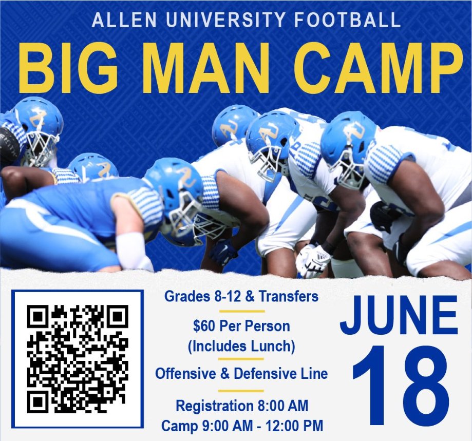 Linemen!! Allen University is holding a Big Man Camp on June 18th, see below for details! Reach out to <a href="/CoachMcRae77/">CoachTez</a> for any questions!