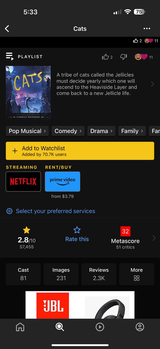 Kathleenah's tweet photo. I’m just gonna throw this out there. Cats has a higher rating on IMDB than the new Snow White movie. 

That’s right. Cats. https://t.co/y6ZG2bDjhm