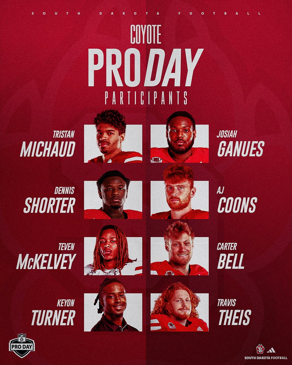 South Dakota Football (@sdcoyotesfb) on Twitter photo A glance at the Yotes participating in Pro Day tomorrow!
#GoYotes x #WeAreSouthDakota A glance at the Yotes participating in Pro Day tomorrow!
#GoYotes x #WeAreSouthDakota