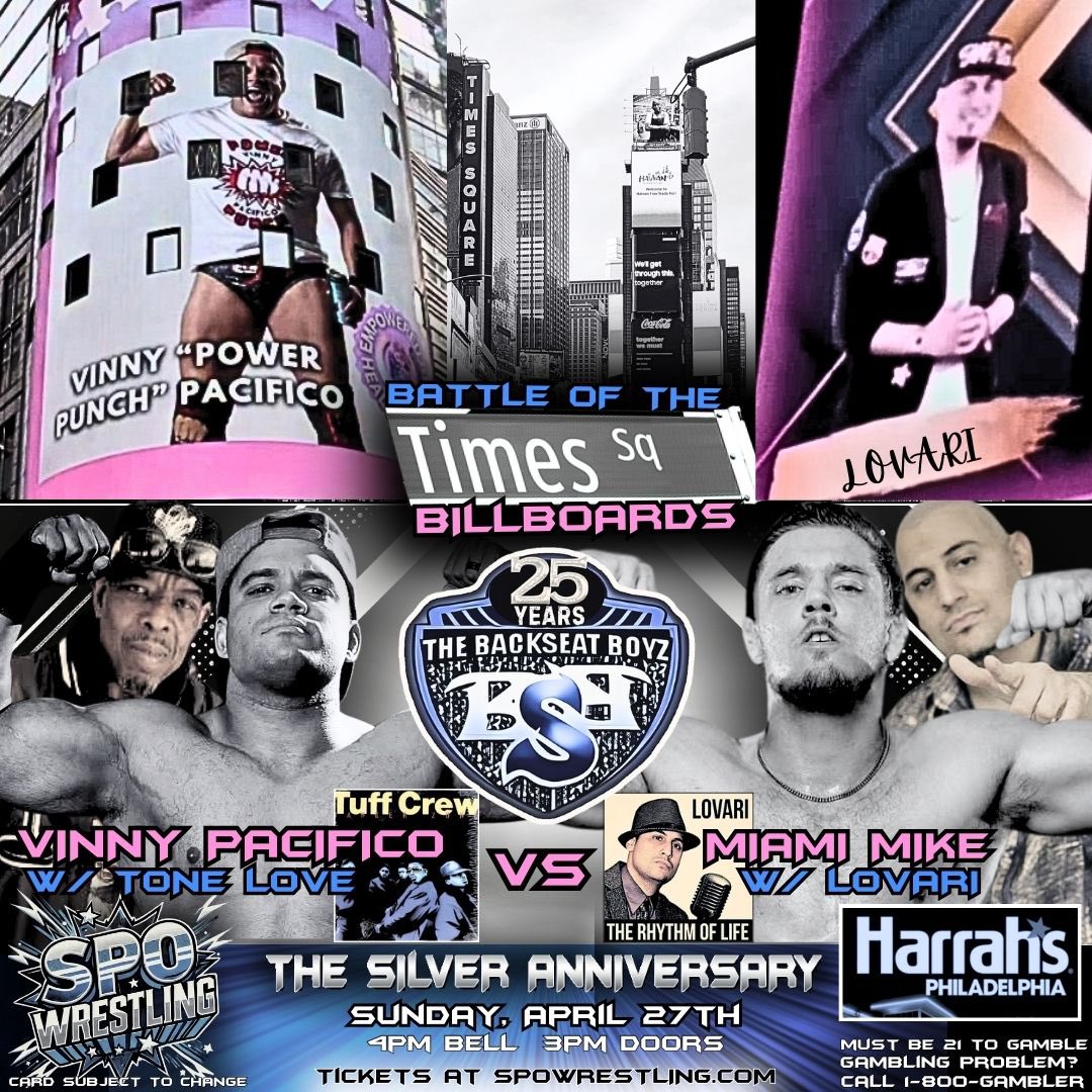 The Battle of the Billboards is set to take place on April 27th <a href="/HarrahsPHL/">Harrah's Philadelphia</a> .  Not just ANY billboards….TIMES SQUARE BILLBOARDS…

Both TONE and LOVARI will also perform live!! 🎤 

🎟️Tix at SPOWrestling.com ✅