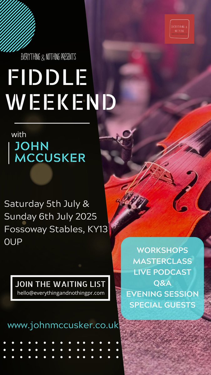 John McCusker (@johnmccusker) on Twitter photo I'm hosting my first Fiddle Weekend! •
Workshops, masterclass, Sessions ..
Gorgeous Food & drink in a beautiful setting.
This feels like the start of something that I'm really excited about.
Sign up to the mailing list for details or DM me here : hello@everythingandnothingpr.com I'm hosting my first Fiddle Weekend! •
Workshops, masterclass, Sessions ..
Gorgeous Food & drink in a beautiful setting.
This feels like the start of something that I'm really excited about.
Sign up to the mailing list for details or DM me here : hello@everythingandnothingpr.com