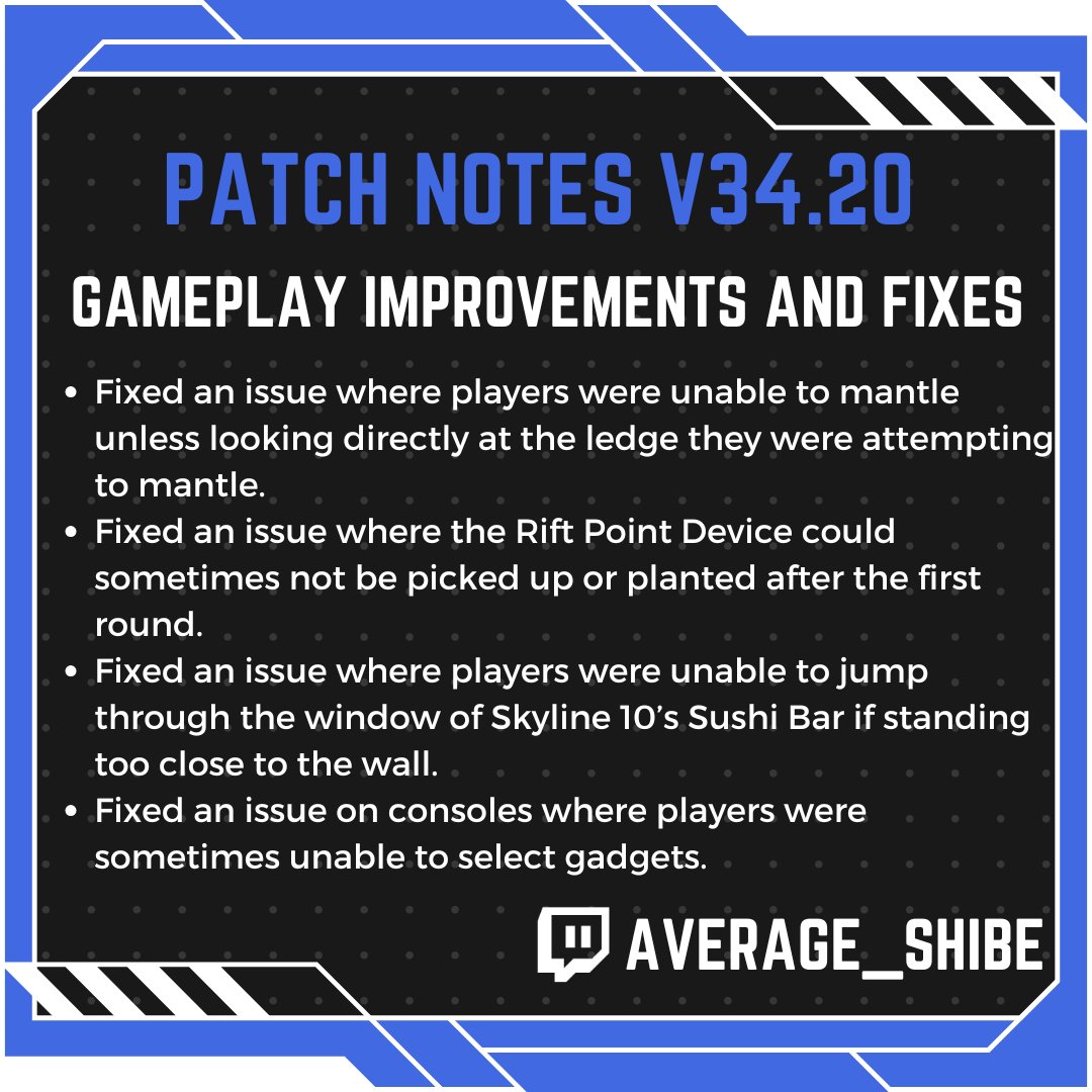 Average_Shibe's tweet photo. v34.20 Gameplay Updates &amp; Fixes
✅ Bubble Shield now collapses after taking 600 damage.
✅ Recon Grenade is now destructible.
✅ Smoke Grenade deploys faster.
✅ Fixes for mantling, gadget selection, Rift Point Device, and Skyline 10’s Sushi Bar window + more. https://t.co/wEgE8Qkv4H