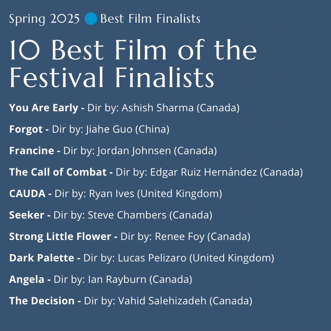 UPDATED: BEST FILM of the FESTIVAL FINALISTS (Screening on April 1 - ticket link in bio - Best of the Festival winners announced after the screening ) 

Due to filmmaker withdrawal, we have updated the Best Film of the Festival Finalist list for our Spring Edition.
