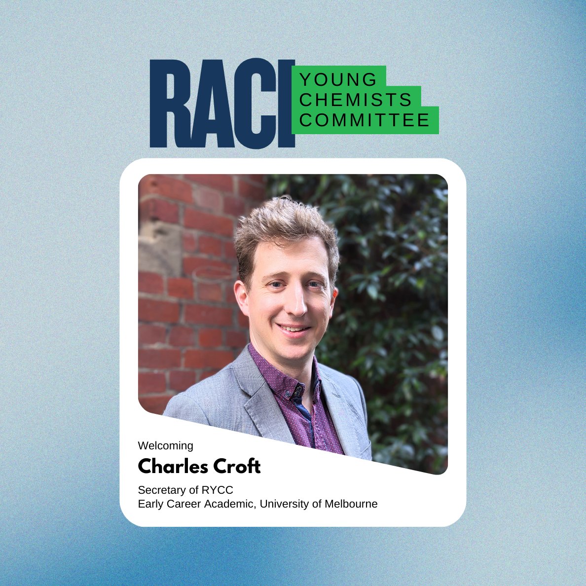 👋 Meet Charles Croft, new RYCC Secretary! 📚 UniMelb academic, researching sustainable rare earths. Welcome, Charles! 😄 
 
Young Chemists are shaping the future of chemistry in Australia, so can you. Join us here: bit.ly/41XFuFd  
 
#RACI #ozchem #YoungChemists #RYCC