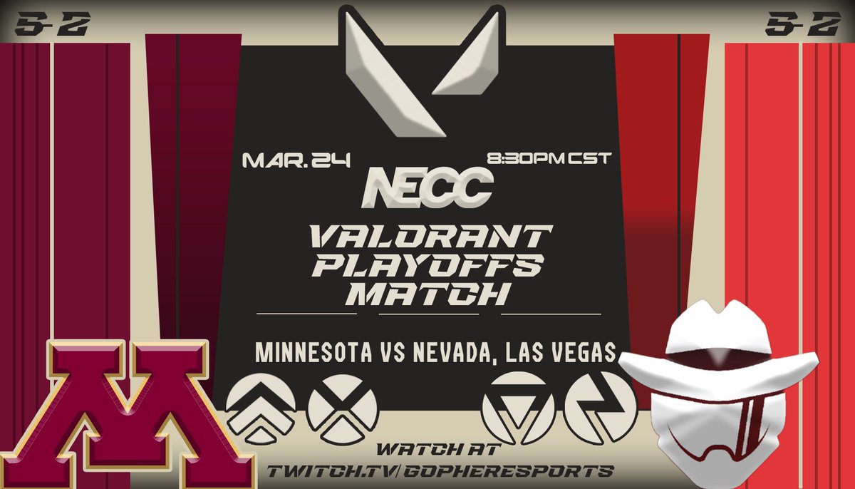 🚨 VALORANT PLAYOFFS MATCH TONIGHT AT 8:30PM CST 🚨

🔥 <a href="/GopherEsports/">GopherEsports</a> vs. RG Scarlet (Nevada, Las Vegas) 🔥

WATCH AT:
📺 twitch.tv/gopheresports

CASTING:
🎙️ Oh_buddy_oh_pal

#Valorant #Necc #Gophers