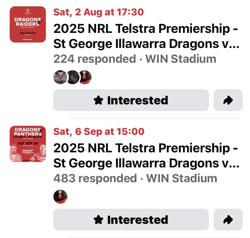 Why are the only events listed on the St.George-Illawarra Dragons facebook page for WIN Stadium? Why aren’t the Kogarah events included? Any idea <a href="/NRL_Dragons/">St George Illawarra Dragons</a> ? #breathefire ⚪️🔴⚪️