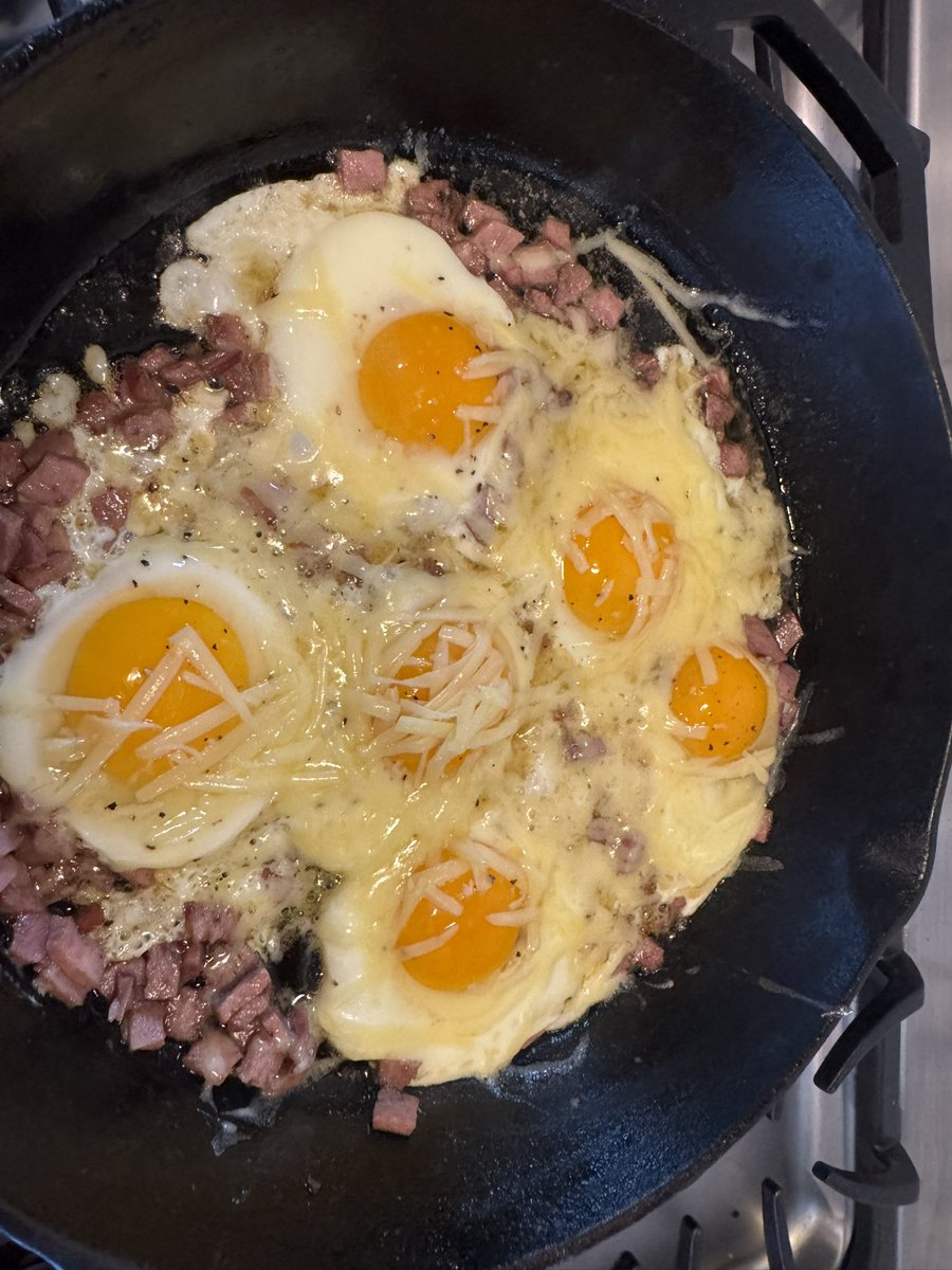 charlesrdyer's tweet photo. Day 1 of Carnivore in the books. Eggs, ham and a little Gruyère for breakfast. Reversed Smoked Ribeyes for dinner.. https://t.co/gnRXs4CzVp