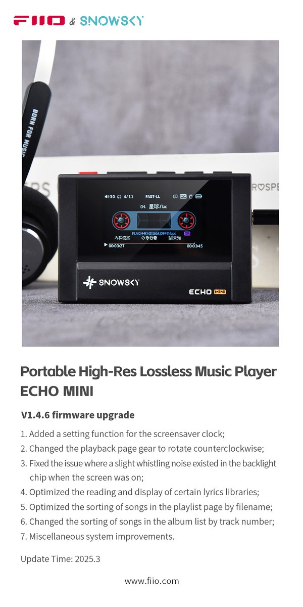 SNOWSKYofficial's tweet photo. The new firmware V1.4.6 for SNOWSKY ECHO MINI is now available!
SNOWSKY ECHO MINI firmware download link:
https://t.co/jkZ7mjZynp

#FIIO #SNOWSKY #ECHOMINI #MUSIC #MP3 #portableplayer https://t.co/YiUfnZvGx8