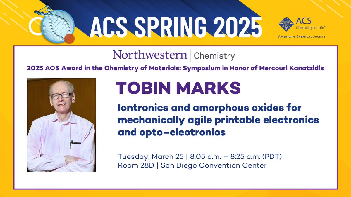 NUChemistry's tweet image. We’re gearing up for Day 3 at #ACSSpring2025! Here’s the #NUChemistry lineup you won’t want to miss on Tuesday.

Start your day with Tobin Marks and #OptoElectronics