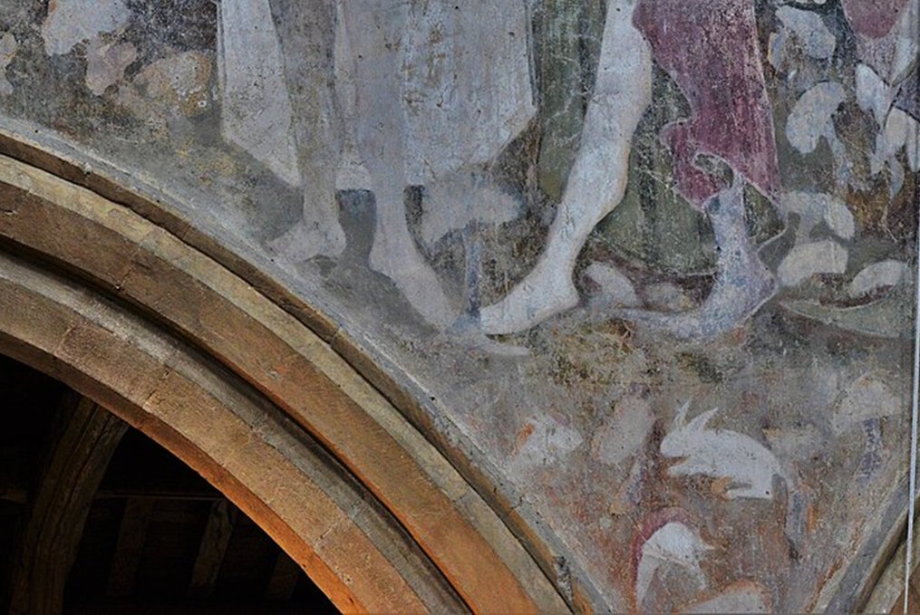 #MedievalWallPainting Wow, just discovered Raunds, St. Peter Northamptonshire. It has a remarkable c. 1420 clock and great C15 wall paintings of the 7 Deadly Sins, 3 Quick/3 Dead, etc. Note the bunny rabbit warren detail.
en.wikipedia.org/wiki/St_Peter%…