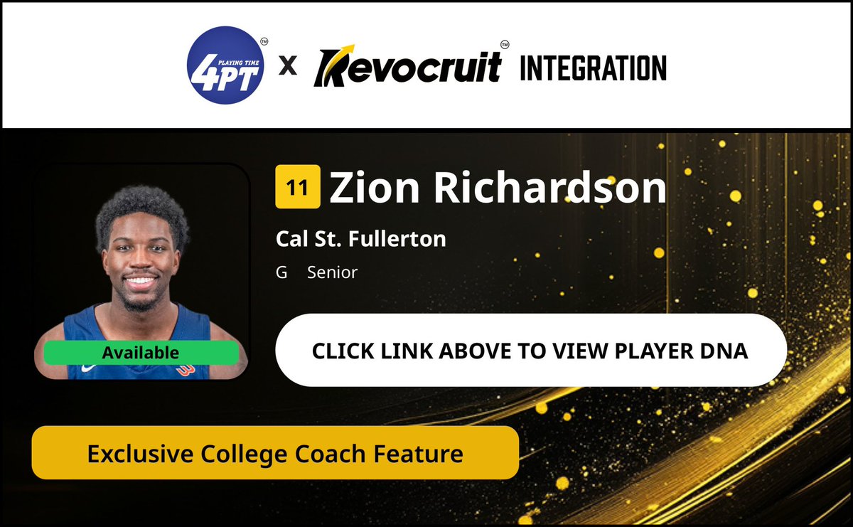 CBB Transfer Portal Spotlight

Zion Richardson
6'4" 210
Guard
Cal State Fullerton 

2024-25 Stats (21 Games):
📊 7.6 PPG, 3.3 RPG, 1.0 APG, 44.0 FG%

Coach Exclusive Revocruit Player DNA:
🔗 applink.revocruitathlete.com/player/18547

#TP4PT #TransferPortal