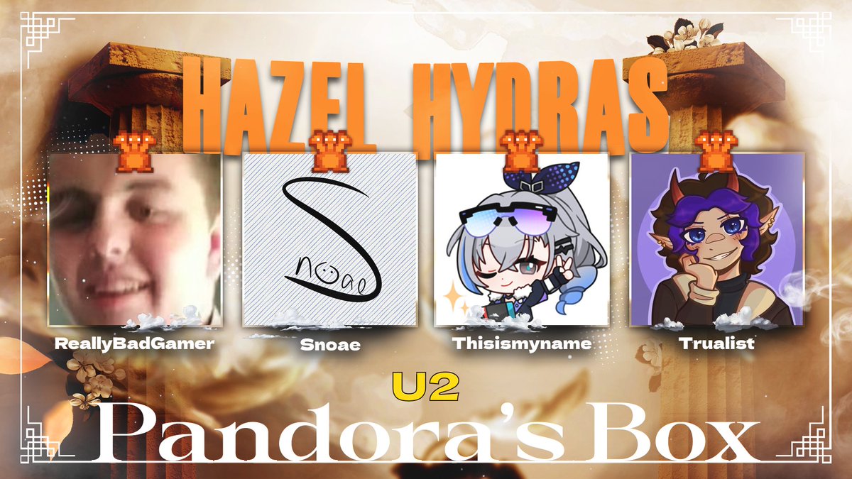 Pandora's Box Event (@pandorasboxmc) on Twitter photo 🐍Announcing the Hazel Hydras!🐍
<a href="/ReallyBadGamr/">ReallyBadGamer</a> <a href="/SnoaeCone/">Snoae</a> <a href="/UrReadingMyNam3/">UrReadingMyName</a> <a href="/trualist/">Trualist</a>
Watch them compete in Pandora's Box Unsealed 2 on April 13th at 2:30 PM EST! 🐍Announcing the Hazel Hydras!🐍
<a href="/ReallyBadGamr/">ReallyBadGamer</a> <a href="/SnoaeCone/">Snoae</a> <a href="/UrReadingMyNam3/">UrReadingMyName</a> <a href="/trualist/">Trualist</a>
Watch them compete in Pandora's Box Unsealed 2 on April 13th at 2:30 PM EST!