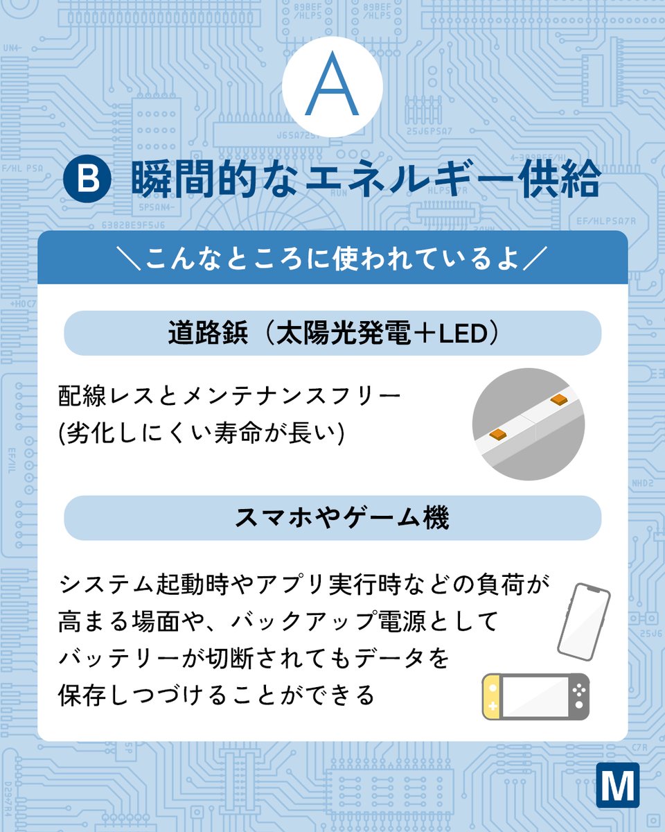 実は日常的にお世話になっている電子部品
「スーパーコンデンサ」

スマホやゲーム機など身近な物にも使われています✨
どんな役割をしているか、わかりますか？

正解だった方はリプ欄に【👍】をお願いします！