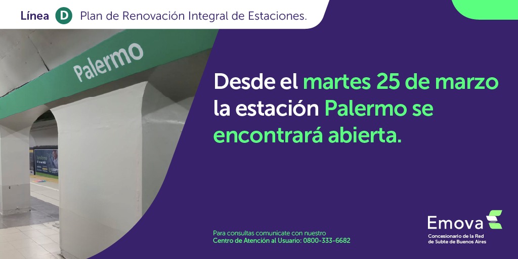 solotransito's tweet image. #LíneaD - 25/03 Reapertura de estación Palermo luego del plan de renovación integral via @Emova_arg