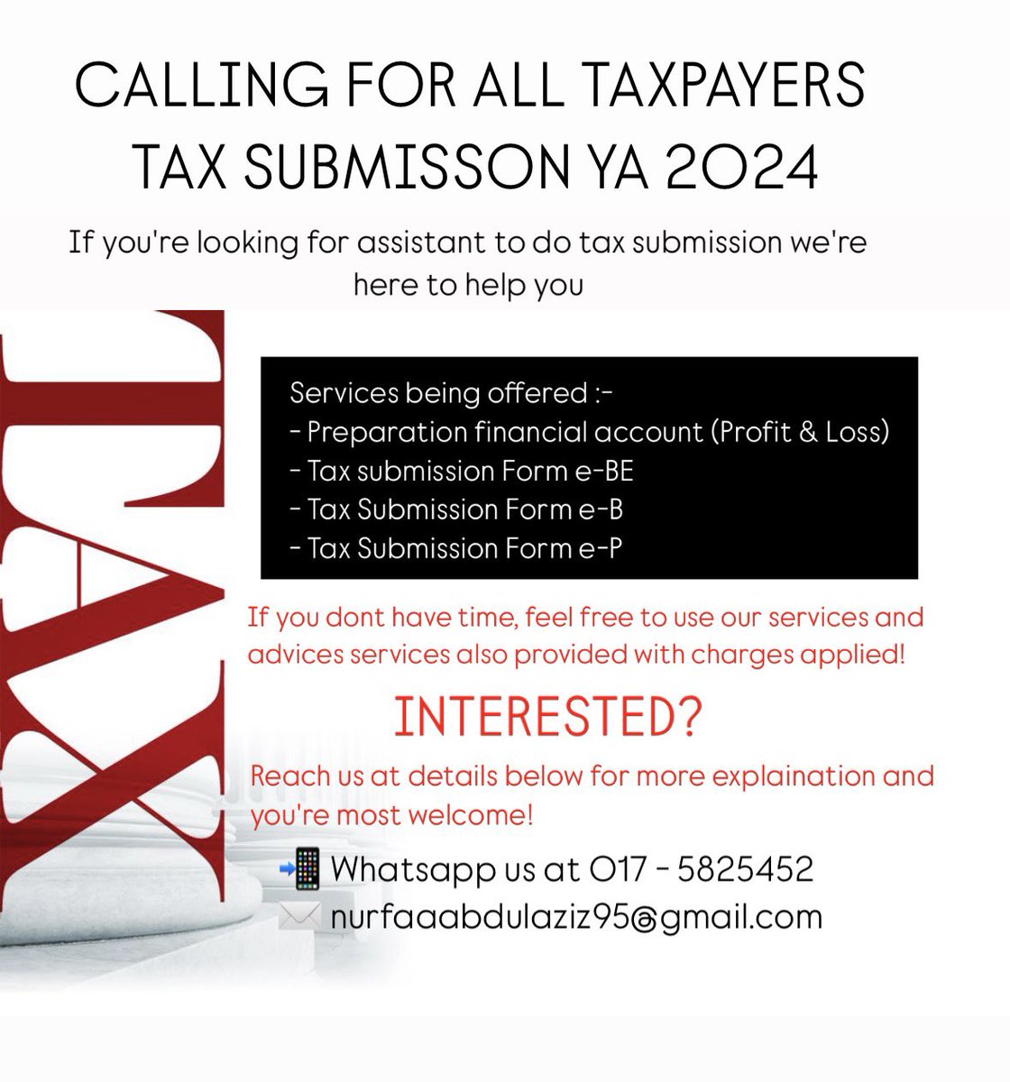 f4teyhaa's tweet photo. @Azfarheri TAK SEMPAT BUAT E-FILING? TAKUT KENA PENALTY? NO WORRIES I'M HERE TO ASSISTS YOU 🙋🏻‍♀️ 

Let me assist you in preparing tax computation &amp; guide you before do submission on your behalf, service charges applied! ☺️

Details in the picture below 

https://t.co/rxJaKtUhxG https://t.co/tP40k70MM9