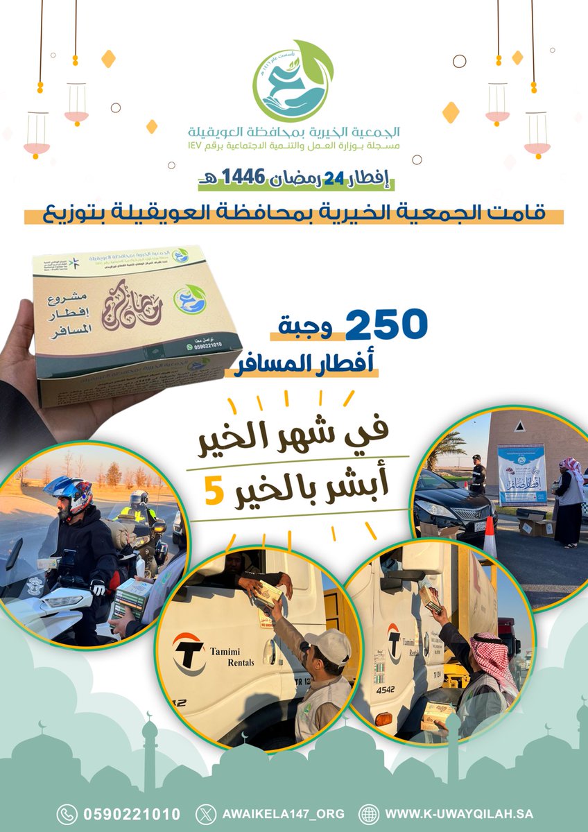 إحصائية  | 24 رمضان 🌙
🌱الجمعية الخيرية بالعويقيله
▫️ الوجبات : 250 وجبه افطار
▫️ التمور: 600 كرتون
▫️البرامج : 2
▫️المتطوعين: 3
#في_شهر_الخير_أبشر_بالخير_5 
#شهر_رمضان