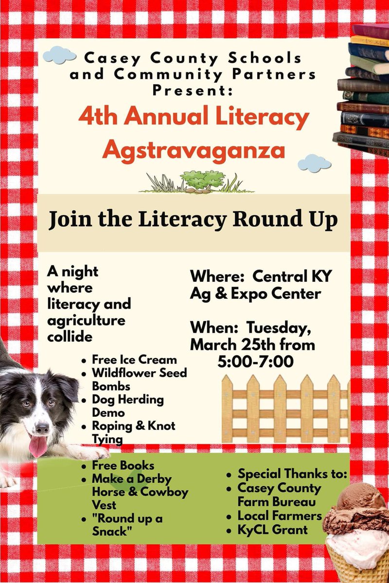 barrydlee1's tweet image. 🚜📚🤠FREE EVENT 🚜📚🤠
Join us tomorrow, Tuesday, March 25th, from 5 to 7: at the Central KY Ag Expo Center for @CaseyCoSchools 4th annual Literacy Agstravaganza.

 Children of all ages are invited to attend and..........  

FREE ICE CREAM, &amp;amp; BOOKS
@JShellKY  @All_in_KY