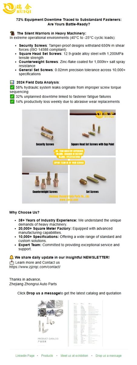 RUIQIAutoParts's tweet image. Fastener Insights-72% Equipment Downtime Traced to Substandard Fasteners-Zhejiang Zhongrui Auto Parts Co., Ltd.
zjzrqc.com/news/fastener-…

#FastenerSolutions #ScrewSupplier #ThreadTech #FastenerEngineering #AutomotiveFasteners #HeavyMachineryParts #AgriculturalEquipment
#IATF16949