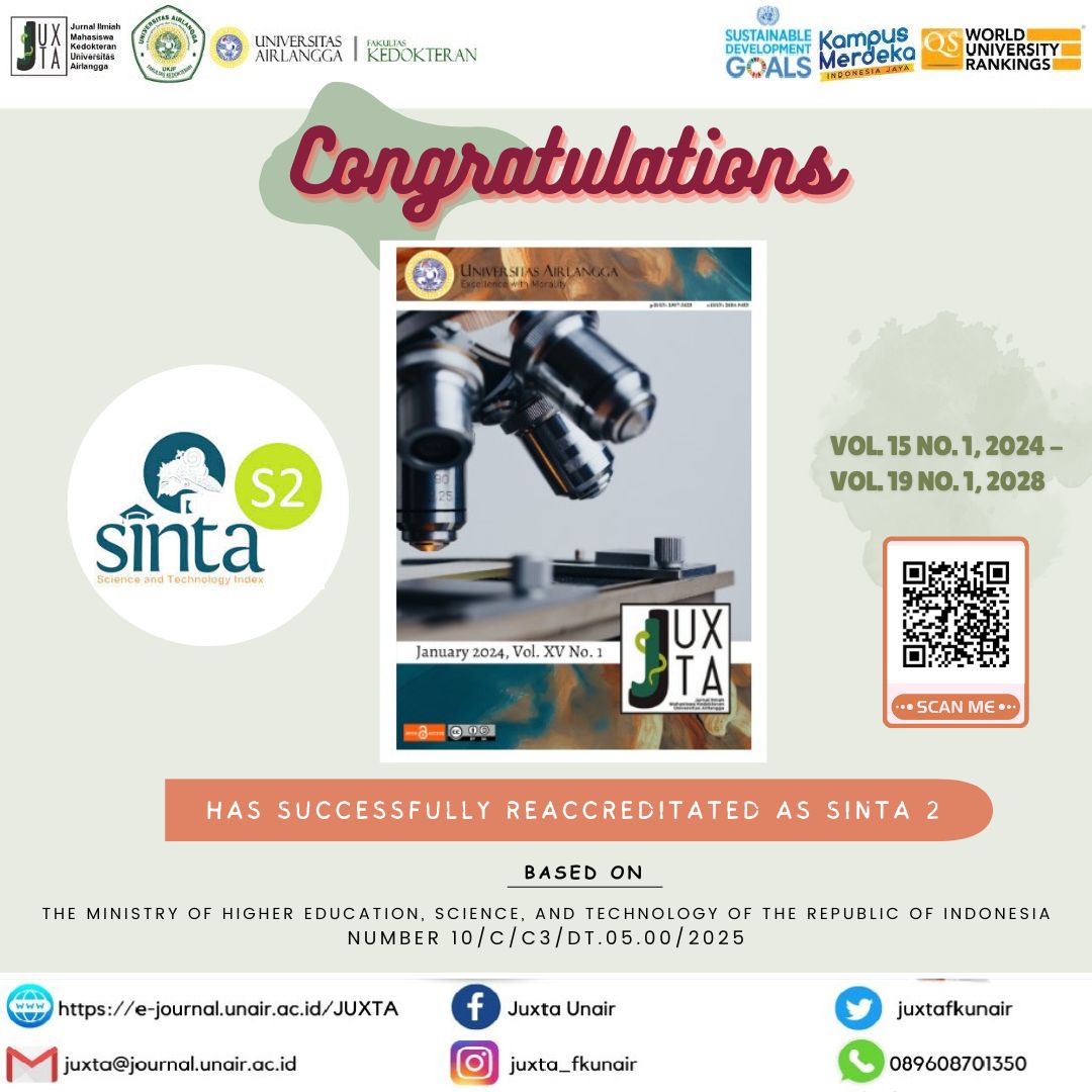 juxtafkunair's tweet image. Congratulations!

JUXTA: Jurnal Ilmiah Mahasiswa Kedokteran Universitas Airlangga

has been successfully reaccreditated as SINTA 2

website: e-journal.unair.ac.id/JUXTA

email: juxta@journal.unair.ac.id

#universitasairlangga
#fkunair
#jurnalkedokteran