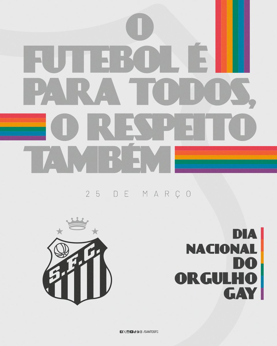 SantosFC's tweet photo. Santos, o Time do Amor! 🏳️‍🌈🤍🖤

Todo o nosso apoio e a nossa empatia pelas pessoas que ainda enfrentam preconceitos e discriminações por conta de suas orientações sexuais. O respeito pela diversidade e pela liberdade é um dever de todos que lutam por um mundo justo e harmonioso. https://t.co/BkR0NJhyTT