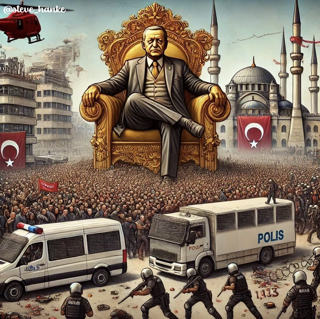 steve_hanke's tweet photo. #TurkeyWatch🇹🇷: Pres. Erdoğan's CRACKDOWN CONTINUES.

Since the arrest of Istanbul Mayor Ekrem İmamoğlu, over 1,100 protesters, including journalists, have been detained.

PRES. ERDOGAN'S TURKEY = NO OPPOSITION = NO PROBLEM. https://t.co/ZYW0yMhUiQ