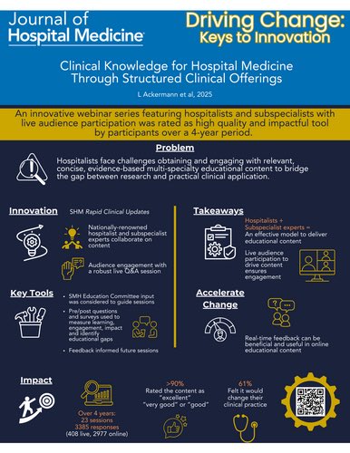 Lily Ackermann (@lilyackermannmd) on Twitter photo Clinical knowledge for hospital medicine through structured clinical offerings
SHMâs  Rapid clinical update series brings innovation in education to Hospitalists
<a href="/ebarkoudah/">Dr. Ebrahim Barkoudah MD MPH MBA</a> <a href="/jagriti_chadha/">Jagriti Chadha</a>
doi.org/10.1002/jhm.70⊠Clinical knowledge for hospital medicine through structured clinical offerings
SHMâs  Rapid clinical update series brings innovation in education to Hospitalists
<a href="/ebarkoudah/">Dr. Ebrahim Barkoudah MD MPH MBA</a> <a href="/jagriti_chadha/">Jagriti Chadha</a>
doi.org/10.1002/jhm.70âŠ