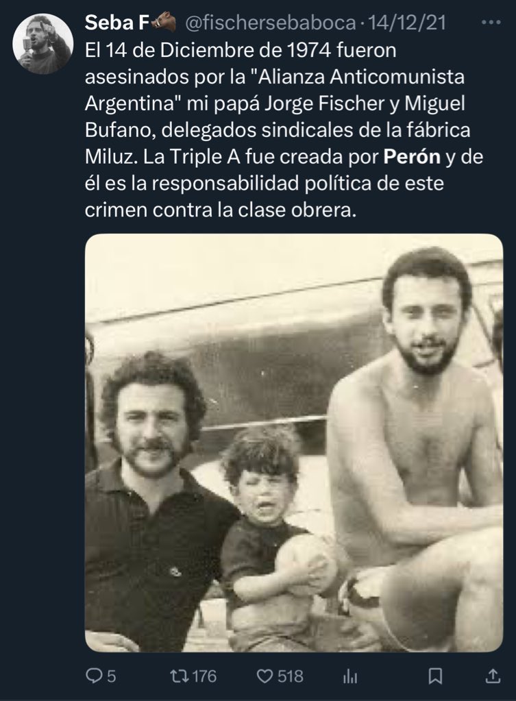Reivindica el 24 de Marzo de 1976 como día de la memoria porque le mataron al padre pero resulta que al padre se lo mató Perón dos años antes con la Triple A, en 1974.