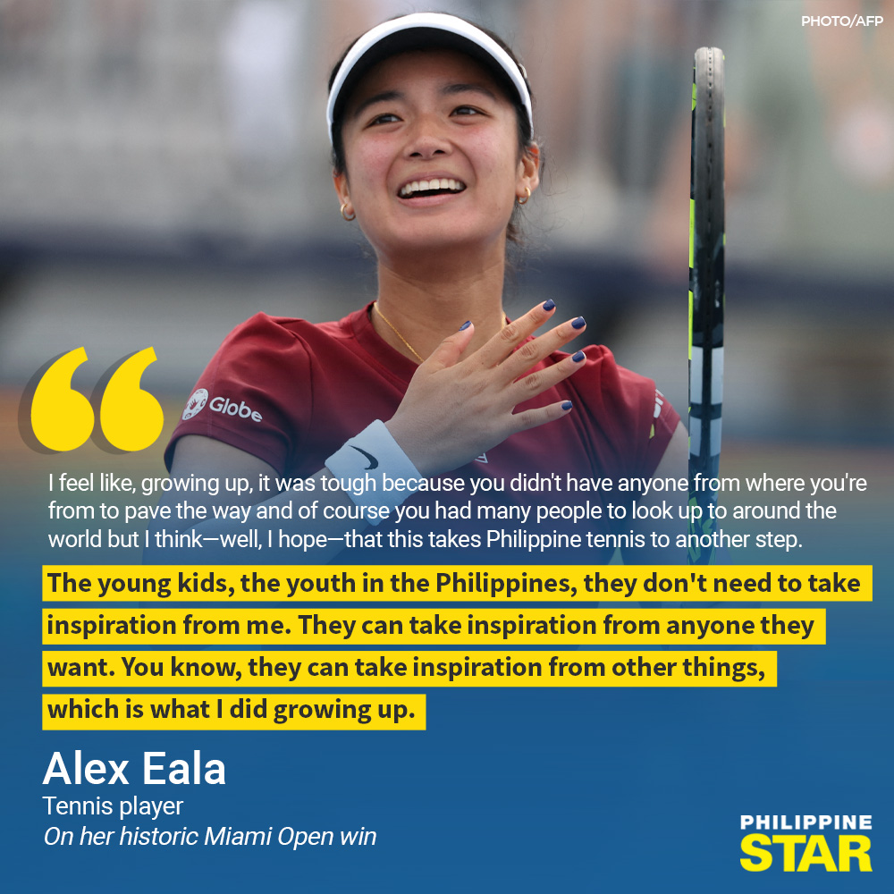 PhilippineStar's tweet photo. ‘I HOPE THAT THIS TAKES PHILIPPINE TENNIS TO ANOTHER STEP’

Alex Eala wrote her name in tennis history when the 19-year-old Filipina defeated Australian Open champion Madison Keys at the Miami Open.

She became the first woman from the Philippines to beat a Top 10 opponent since the ranking system came into being 50 years ago.

Eala will continue to the quarterfinals of the competition after Spain’s Paula Badosa withdrew due to injury. This marks Eala’s first-ever WTA 1000 quarterfinal, solidifying her place among the sport’s elite. | via @philstarlife 

FULL STORY: https://t.co/yohmGSGni0