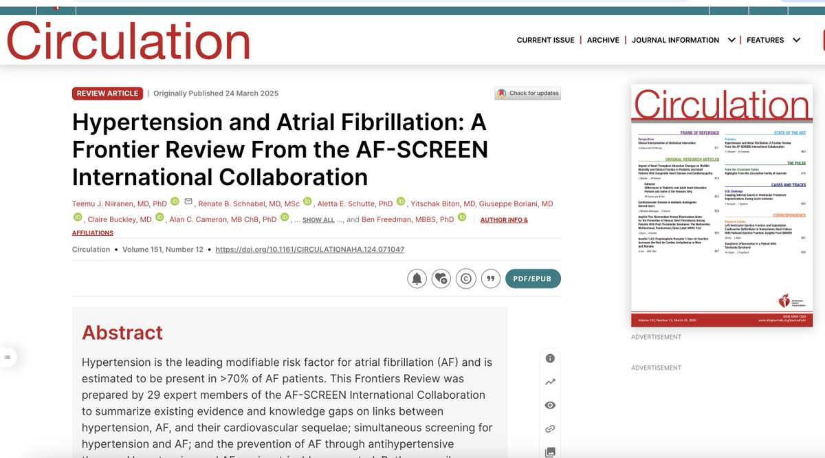 Heart Research Institute (@hriaust) on Twitter photo Congrats to Prof <a href="/BenFreedman_HRI/">Ben Freedman</a> and the AF-SCREEN International Collaboration, who have had a Frontier Review published in <a href="/American_Heart/">American Heart Association</a> journal Circulation! 👏
The paper highlights the strong link between #hypertension and #AF.
Read more: bit.ly/4hMZAY Congrats to Prof <a href="/BenFreedman_HRI/">Ben Freedman</a> and the AF-SCREEN International Collaboration, who have had a Frontier Review published in <a href="/American_Heart/">American Heart Association</a> journal Circulation! 👏
The paper highlights the strong link between #hypertension and #AF.
Read more: bit.ly/4hMZAY