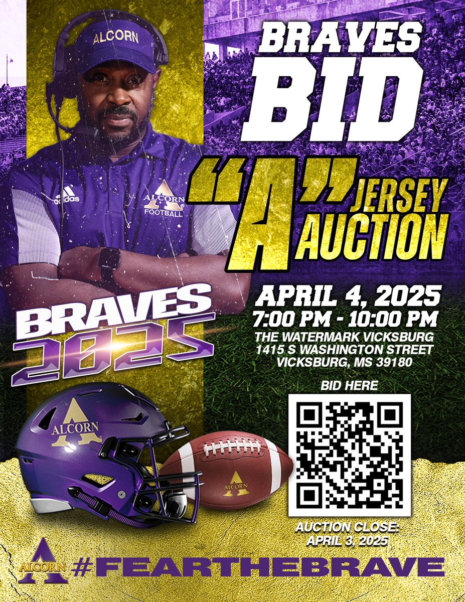 Own a Piece of Braves History!
Alcorn State Football fans now’s your chance to bid on exclusive game-worn jerseys!  

Auction closes April 3rd — don’t miss out!
Scan the QR code to place your bid and get more details.