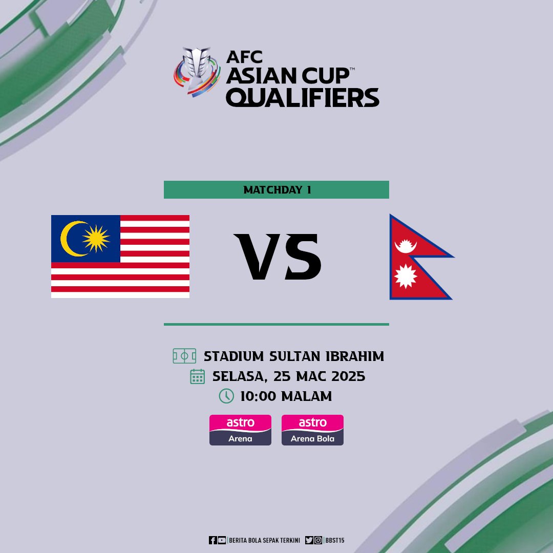 BBST15's tweet photo. HARI INI! Perlawanan pertama Kelayakan Piala Asia

🇲🇾 Malaysia 🆚 Nepal 🇳🇵
🕙 10:00 malam
📺 Astro Arena 801, Astro Arena Bola 803

#ACQ2027 | #MASvNEP https://t.co/mCcTKpOIcG