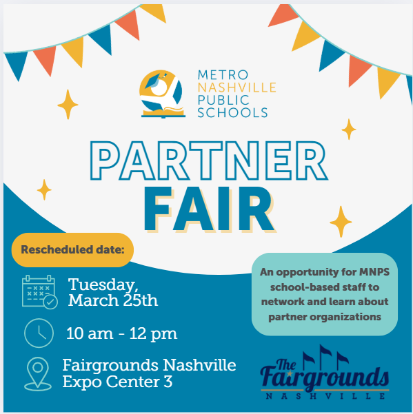 MNPS Family & Community Partnerships (@mnps_fcp) on Twitter photo Hope to see you tomorrow morning for the Spring Partner Fair! This event is open to all <a href="/MetroSchools/">Metro Schools</a> staff, so bring a friend and come meet with organizations eager to share their time, talents, and resources with you! 10am-12pm at the Fairgrounds, Expo Center 3. Hope to see you tomorrow morning for the Spring Partner Fair! This event is open to all <a href="/MetroSchools/">Metro Schools</a> staff, so bring a friend and come meet with organizations eager to share their time, talents, and resources with you! 10am-12pm at the Fairgrounds, Expo Center 3.