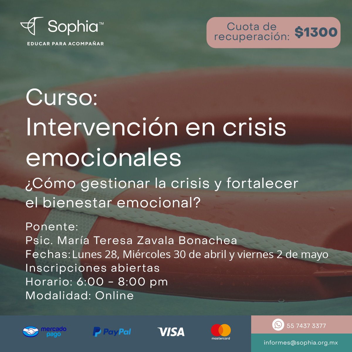 ¿Sabes cómo reaccionas en una crisis emocional?
Identificarla es el primer paso para gestionarla. 
📆 Fechas: 28 y 30 de abril, 2 de mayo
⏰ Horario: 6:00 a 8:00 pm (Zoom)
🎤 Ponente: Psicóloga María Teresa Zavala Bonachea
¡Inscríbete hoy! sophia.org.mx/curso/interven…
