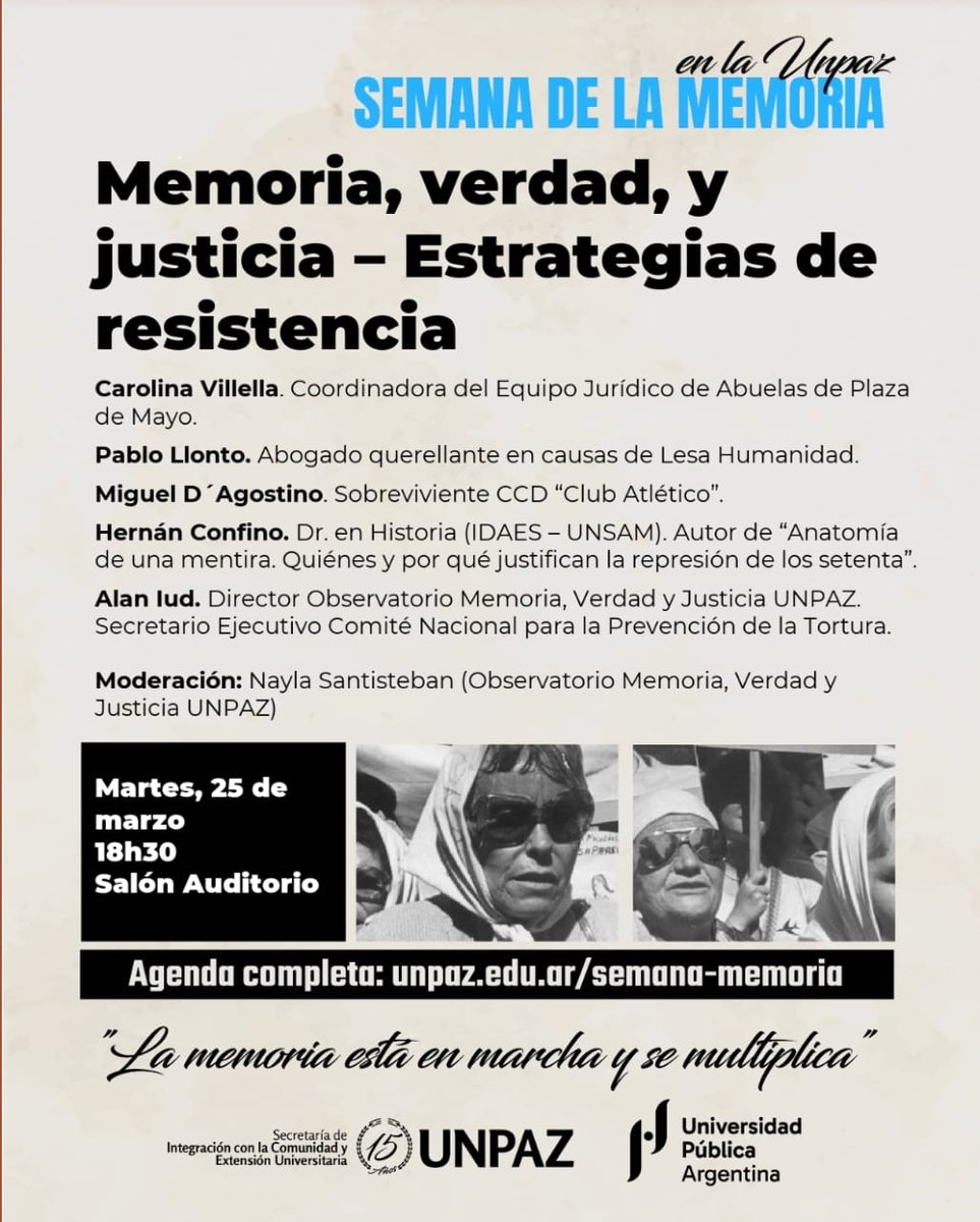 Alan Iud (@alaniud) on Twitter photo Mañana en UNPAZ para seguir construyendo #memoria #verdad y #Justicia
Con compañeras y compañeros de lujo, compartiremos iniciativas y prácticas de defensa de lo conquistado y para seguir x todo lo que falta.
Todos invitados! <a href="/horadado/">Hernán Confino</a> <a href="/abuelasdifusion/">Abuelas de Plaza de Mayo</a> <a href="/UNPAZ_Oficial/">UNPAZ</a> Mañana en UNPAZ para seguir construyendo #memoria #verdad y #Justicia
Con compañeras y compañeros de lujo, compartiremos iniciativas y prácticas de defensa de lo conquistado y para seguir x todo lo que falta.
Todos invitados! <a href="/horadado/">Hernán Confino</a> <a href="/abuelasdifusion/">Abuelas de Plaza de Mayo</a> <a href="/UNPAZ_Oficial/">UNPAZ</a>
