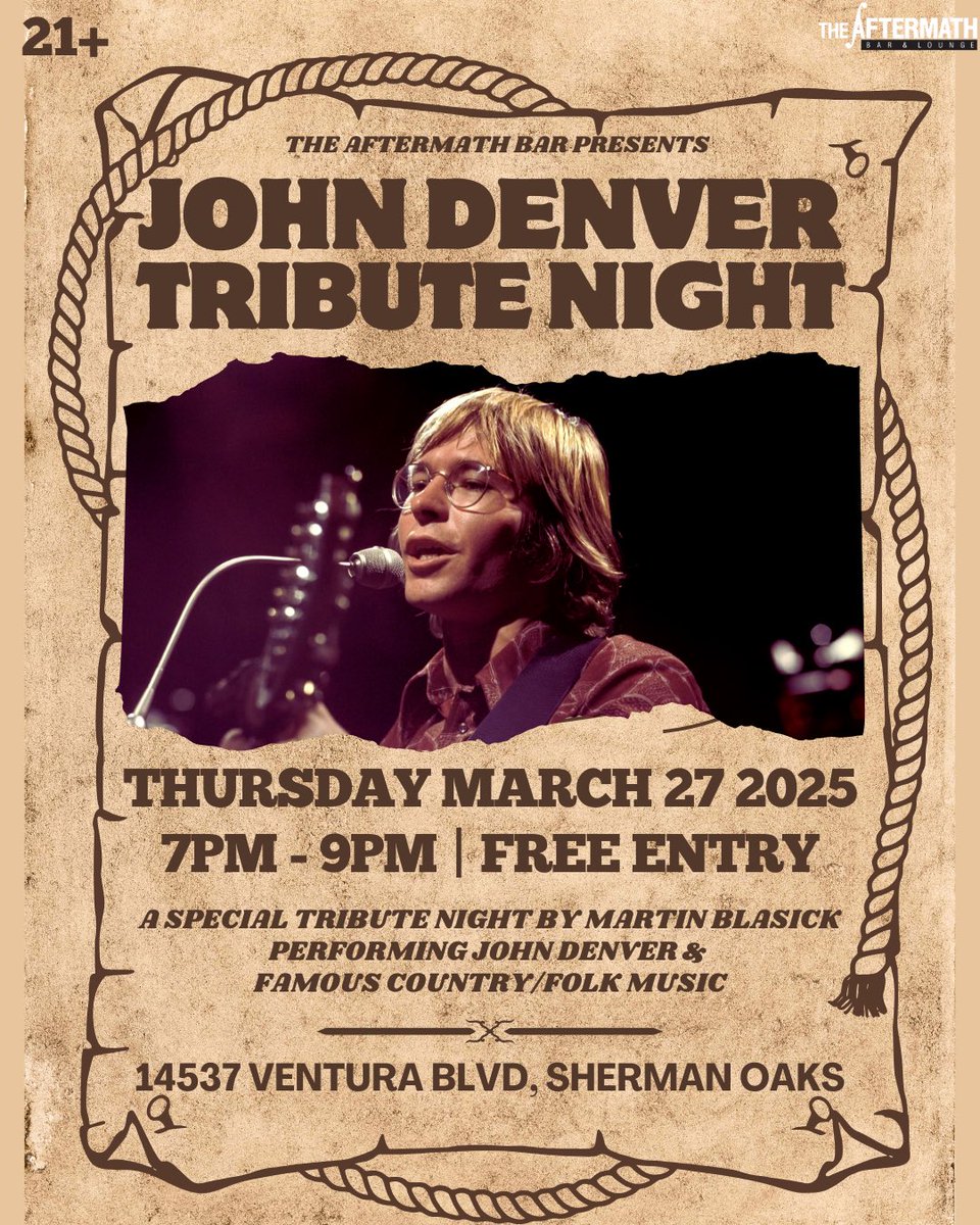 theaftermathbar's tweet photo. Country music is LIVE at The Aftermath! 🤠🌵 Join us this Thursday 3/27 for a special live tribute of John Denver’s timeless songs! 🎸 From 7pm - 9pm, we’ll have Martin Blasick performing John Denver’s hit songs plus some of country &amp; folk music’s most famous classics! 🎶 https://t.co/x7UGocpFSx